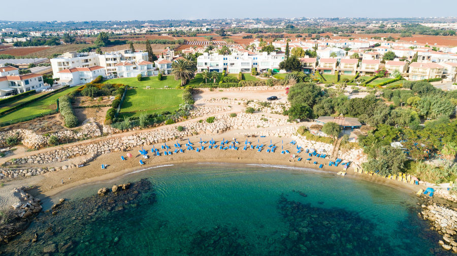 Aerial view of sirena beach bay in protaras, paralimni, famagusta, cyprus from above. 