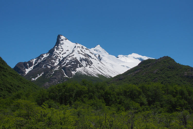 Mountains cerro creston and cerro vespignani in patagonia, argentina with green forest