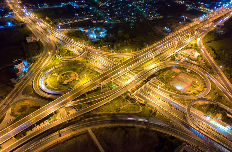 High angle view of light trails on elevated road