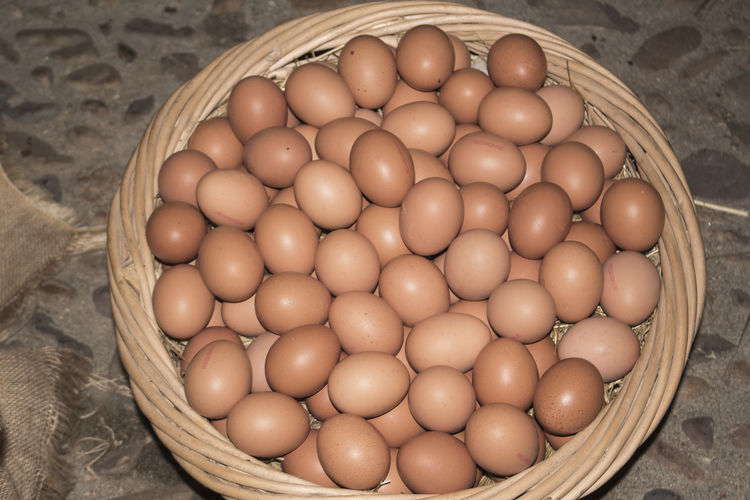 High angle view of eggs in basket