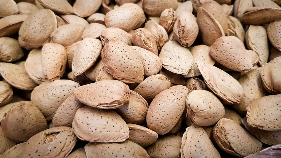 Closeup shot of raw almonds in the shell