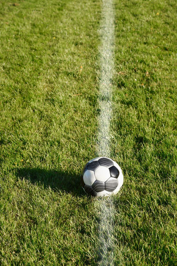High angle view of soccer ball yard line