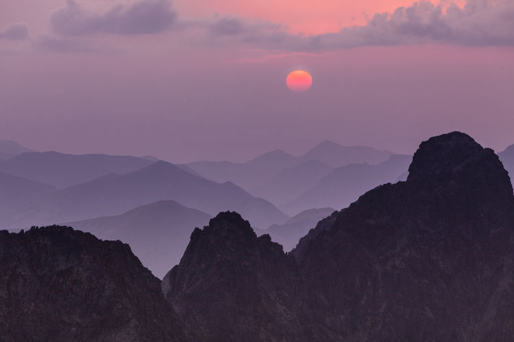 Scenic view of silhouette mountains against sky during sunset