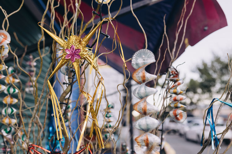 Metallic christmas ornamentes in oaxaca, mexico