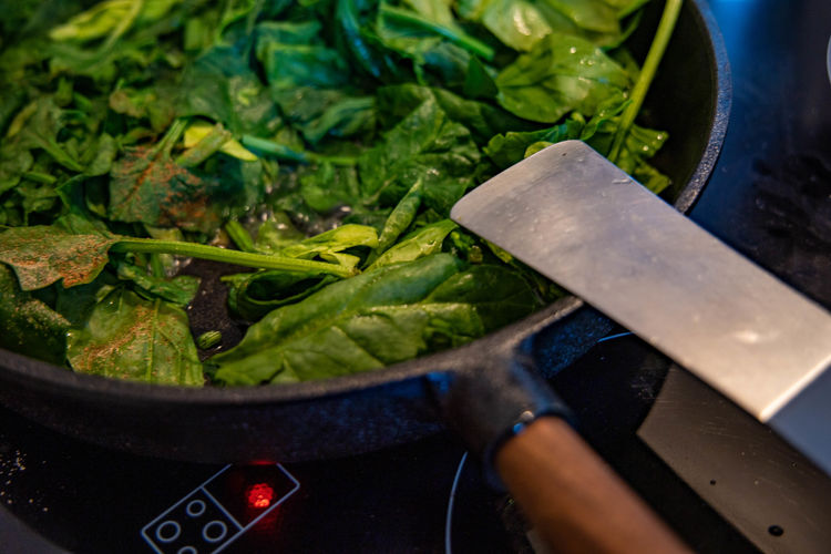 High angle view of chopped spinach in pan