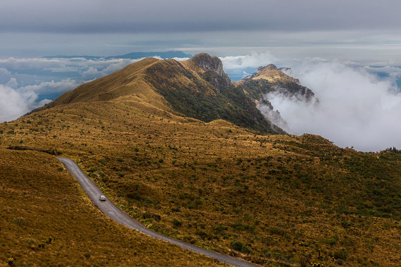 Nevado del ruiz volcano with a car on the road