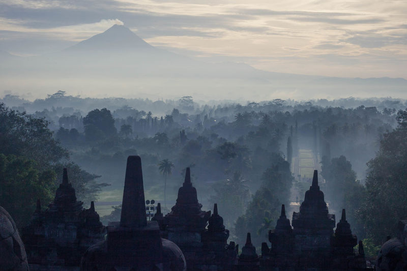 High angle view of historic temple during sunset