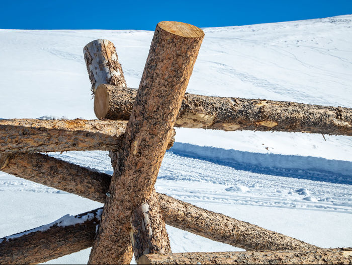 View of wooden post on snow covered land