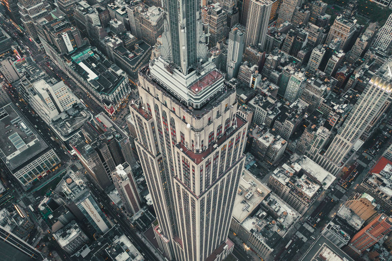 Circa september 2019: breathtaking overhead aerial view of empire state building in manhattan, new york city