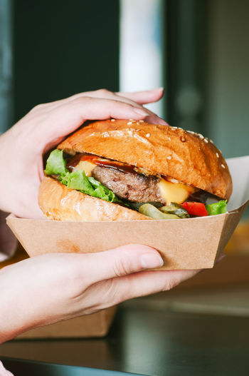 Cropped hand of person holding freshly prepared cheeseburger.