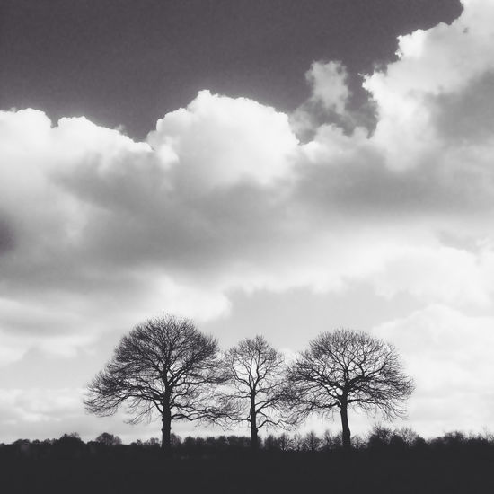 Low angle view of bare tree against cloudy sky