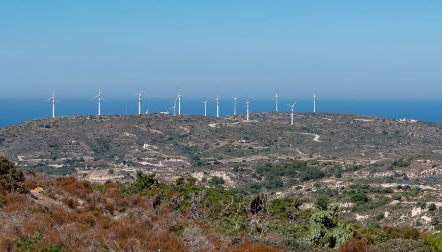Wind turbines onshore on the south coast on the island of kos greece