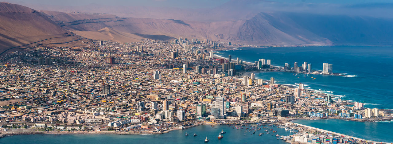 Aerial view of the port city of iquique in northern chile at the shores of the atacama desert.