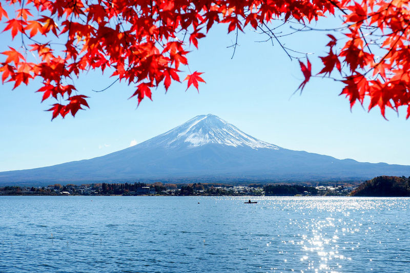 Scenic view of mt fuji against sky during autumn