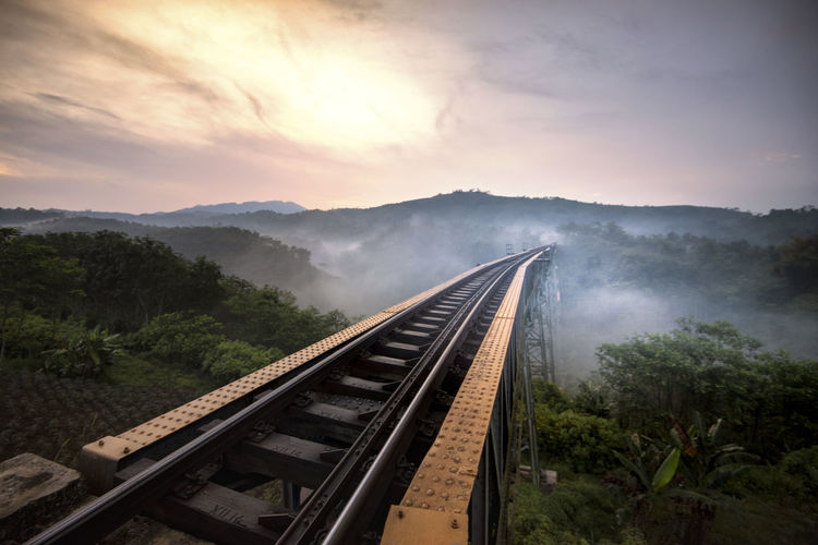 Railway bridge over mountains against sky during sunset
