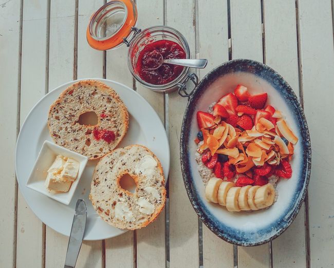 High angle view of breakfast served on table