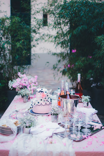 High angle view of pink flowers on table