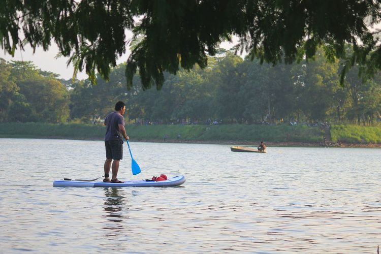 Man on paddleboard in lake against trees