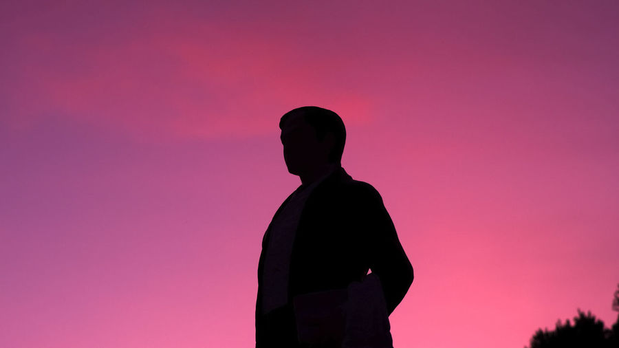 Silhouette man standing against pink sky during sunset