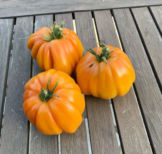 High angle view of pumpkins on table