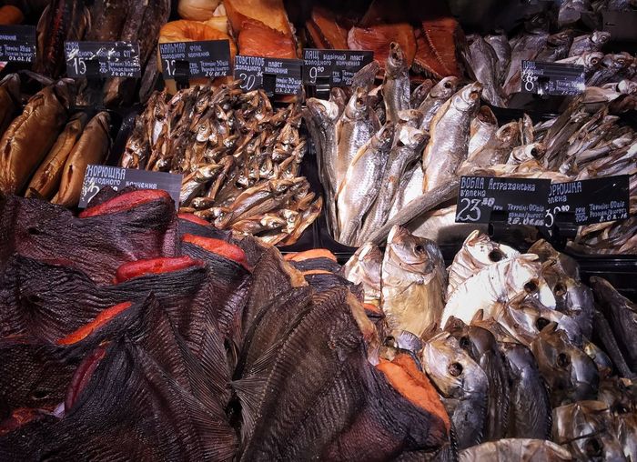 High angle view of various fishes for sale at market