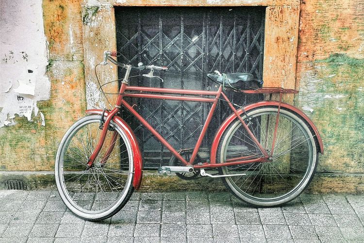 Old bicycle parked on wooden wall