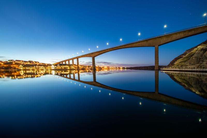 Bridge over river against blue sky at night