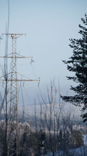 Low angle view of electricity pylons and trees against clear sky