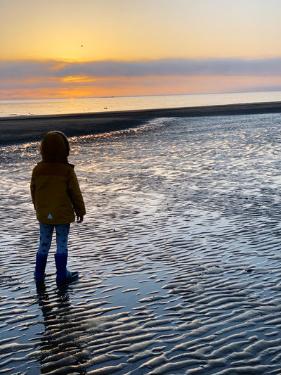Rear view of boy standing on beach during sunset