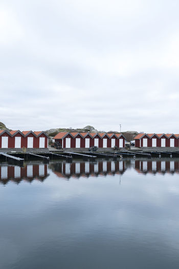 Reflection of fishing huts in sweden