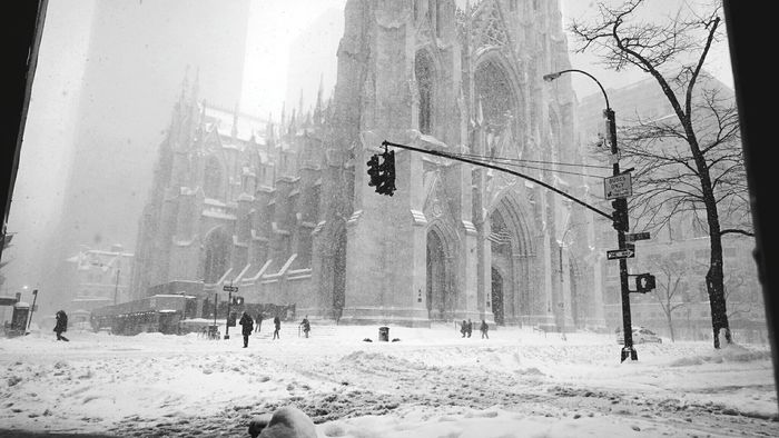 Low angle view of st patrick cathedral during snowfall