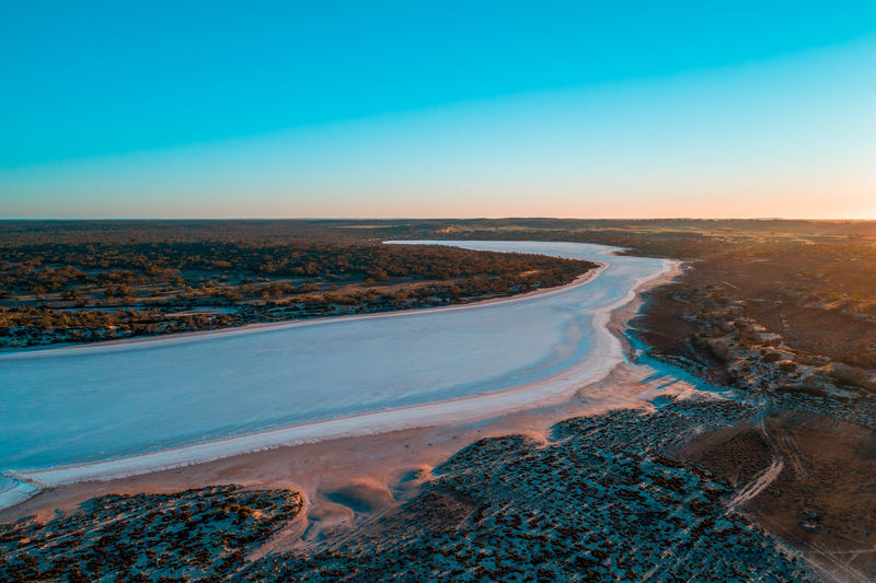 Aerial view of pink salt lake at sunset. murray-sunset national park, australia