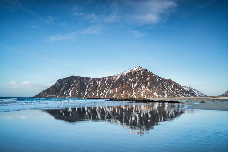Scenic view of sea and mountains against blue sky