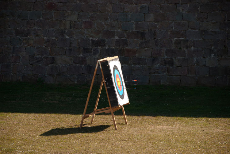 Dart board on grassy field against wall