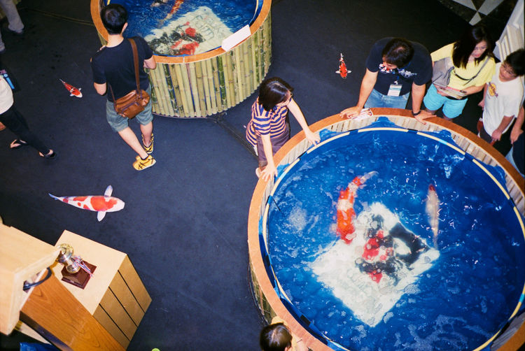 High angle view of people in shop