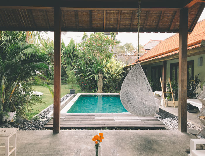 Palm trees by swimming pool and hanging chair 