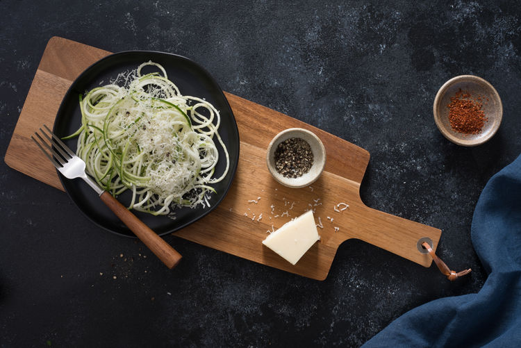 Directly above shot of food on cutting board at table