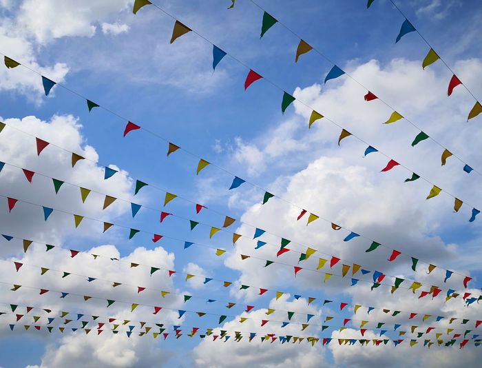 Low angle view of buntings against sky