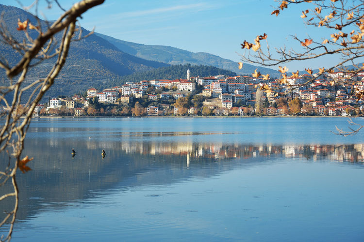 Kastoria and lake orestiada in greece at an autumnal day