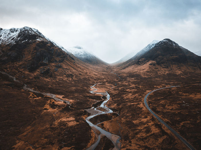 Aerial shot overlooking the glencoe valley in the scottish highlands
