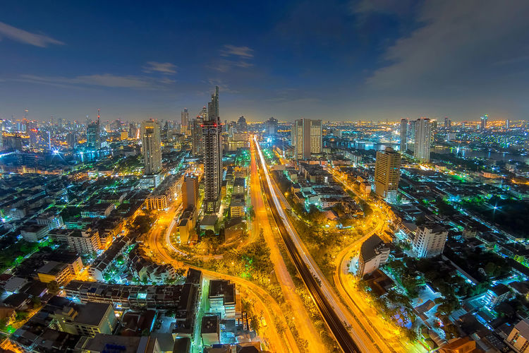 High angle view of illuminated buildings in city at night. bangkok city.