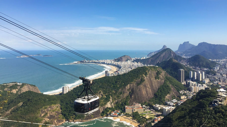 High angle view of overhead cable car over sea against sky