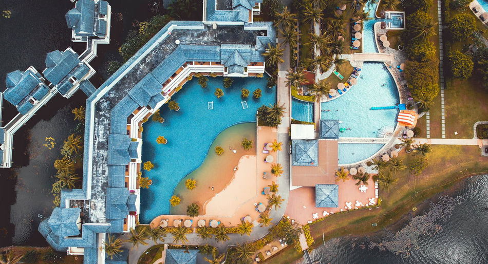 High angle view of hotel with private swimming pool 