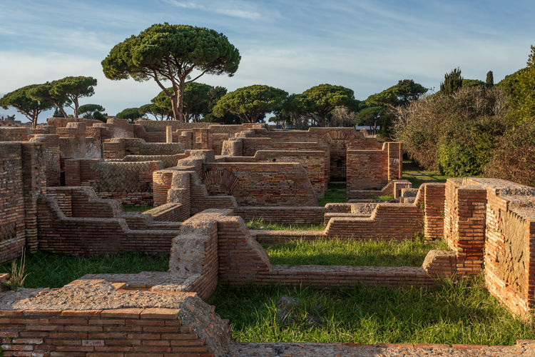 Ostia antica, overview of the archaeological park with the excavation areas, the roman necropolis