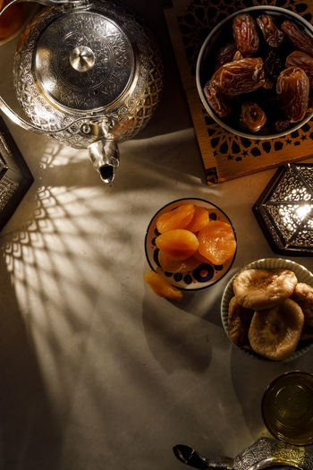 High angle view of fruits in bowl on table