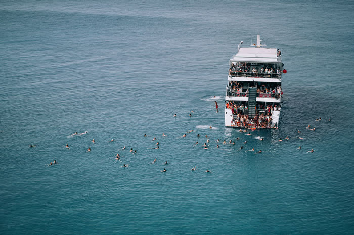 High angle view of partying on boat in sea