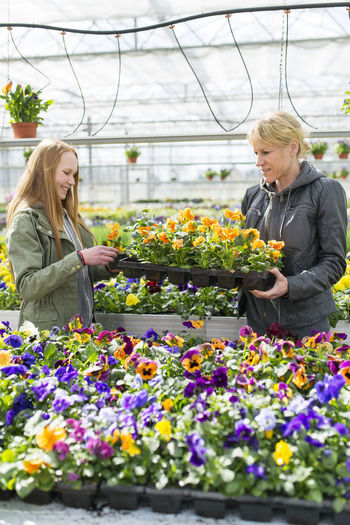 Mother with daughter choosing flowers in garden center