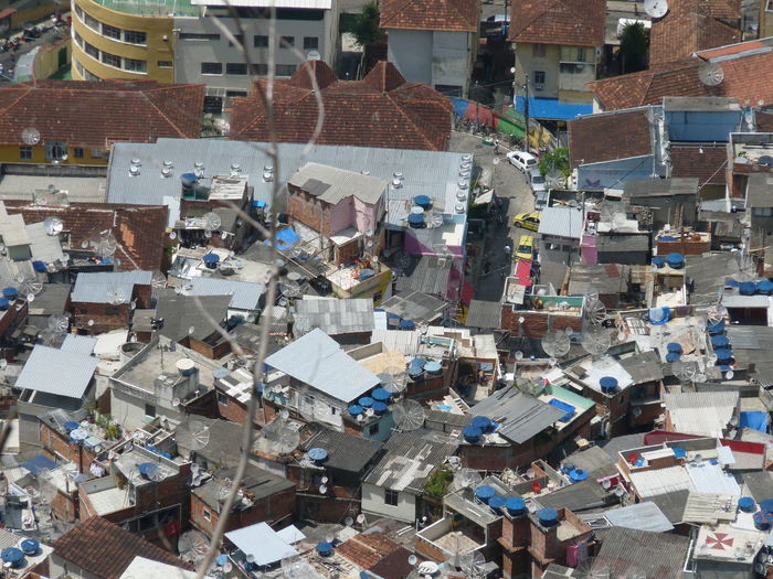 High angle view of favela buildings in town