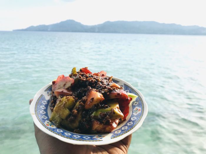 Close-up of hand holding food in sea against sky
