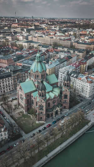 Aerial view of st. lukas church and in the background munich cit